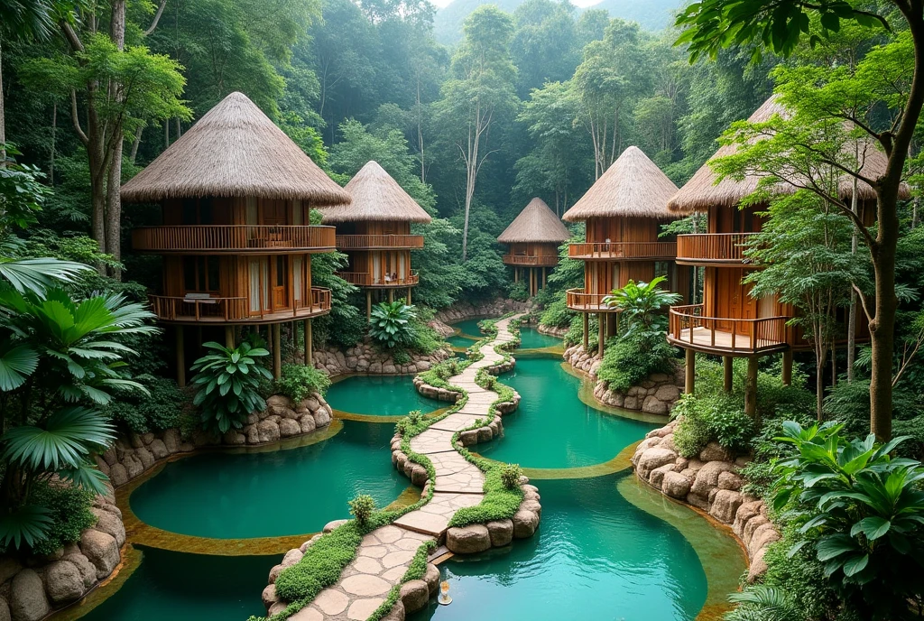 This image depicts a peaceful and lush jungle retreat near a stream in Hoa Binh, Vietnam, featuring several tall thatched-roof bungalows set amidst a lush tropical forest. A series of natural-looking pools and walkways meander through the dense vegetation, creating a tranquil and secluded oasis. The pools are a vibrant turquoise color, blending harmoniously with the surrounding greenery. The architecture of the bungalows incorporates natural materials such as bamboo and thatch, giving the setting an authentic, eco-friendly feel. The overall layout creates a sense of peace, relaxation, and immersion in the natural world.