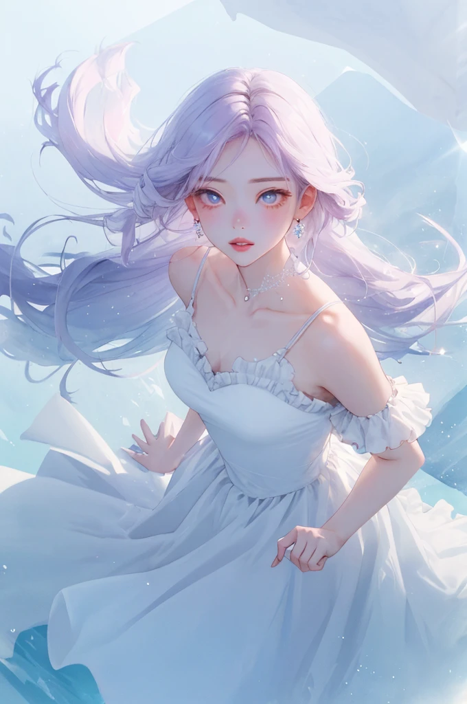  １  beautiful girl、  from directly above、 Mysterious Eyes   、  Ice Pink Lips 、  skin texture、 shoulder、breathe、  Misty Dress  、frills、cool、 delicate soft  、  Sparkling Reflections  、   Natural Ice White Super Long Hair、 Fusion with fog  、White thick fog 、Blur、 Warm Light、 high definition 