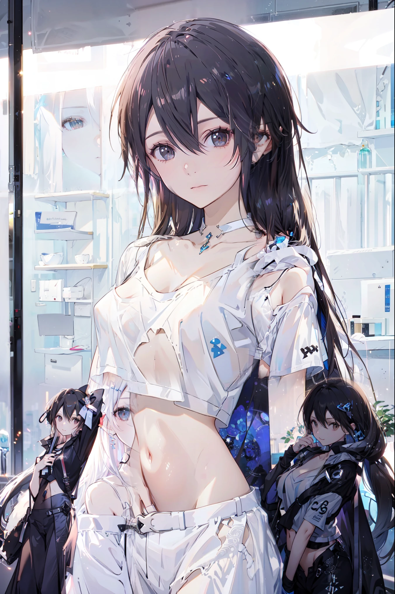  best quality,  High Res,slim、 Brown Eyes 、High target、 dark hair、(Long hair:1.3), Straight Hair 、7 Life Size 、Navel exposed、 White Short Sleeve Tee
Ong hair，Female Kirito ，Big breasts(d), Chest, 