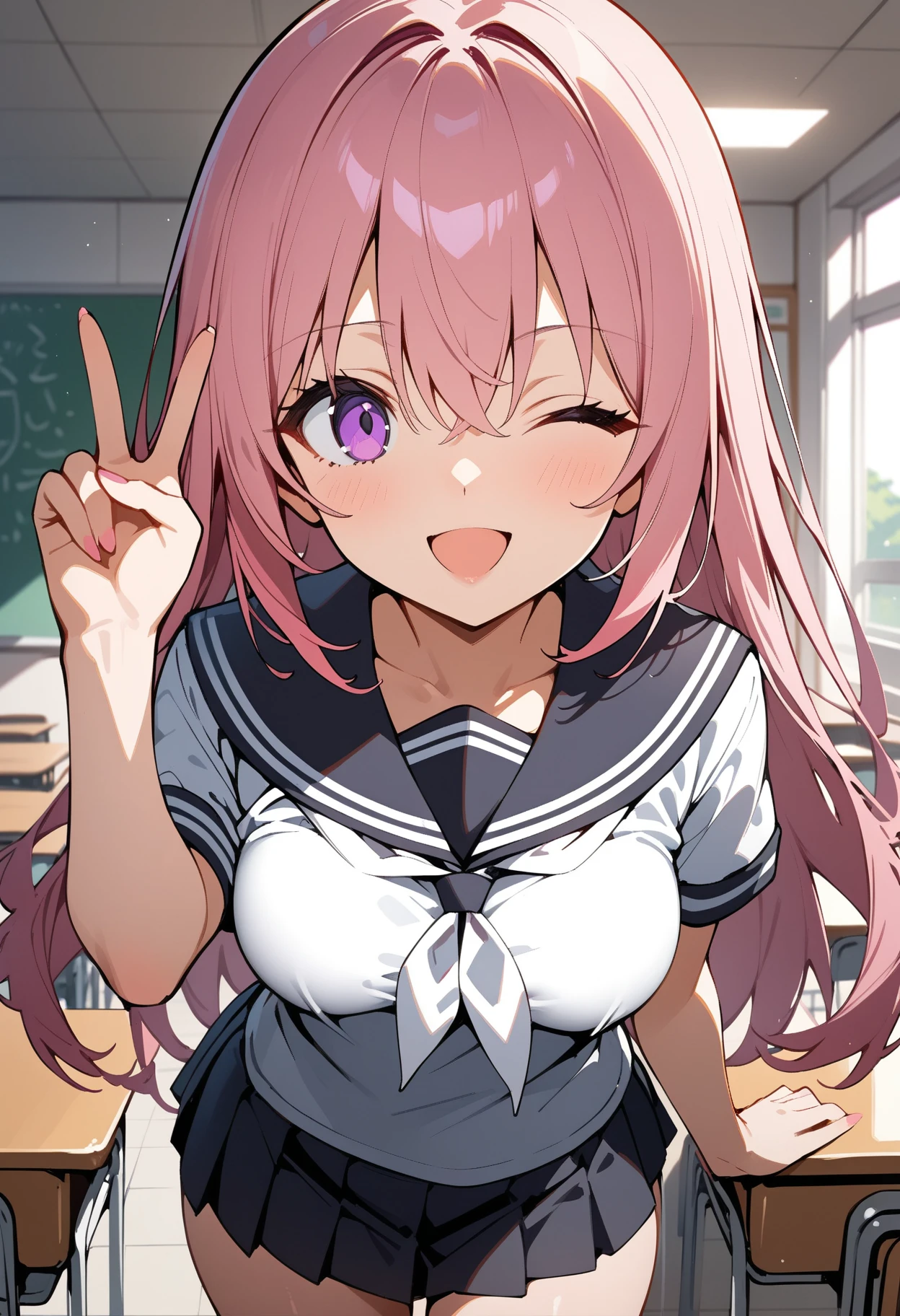 best quality, amazing quality, great quality, absurdres, 1girl, solo, pink hair, purple eyes, hair between eyes, long hair, black sailor collar, black skirt, sexy school uniform, breasts out, panties, serafuku, white neckerchief, standing, v, looking at viewer, classroom background, one eye closed, smile, closed mouth, grid background,