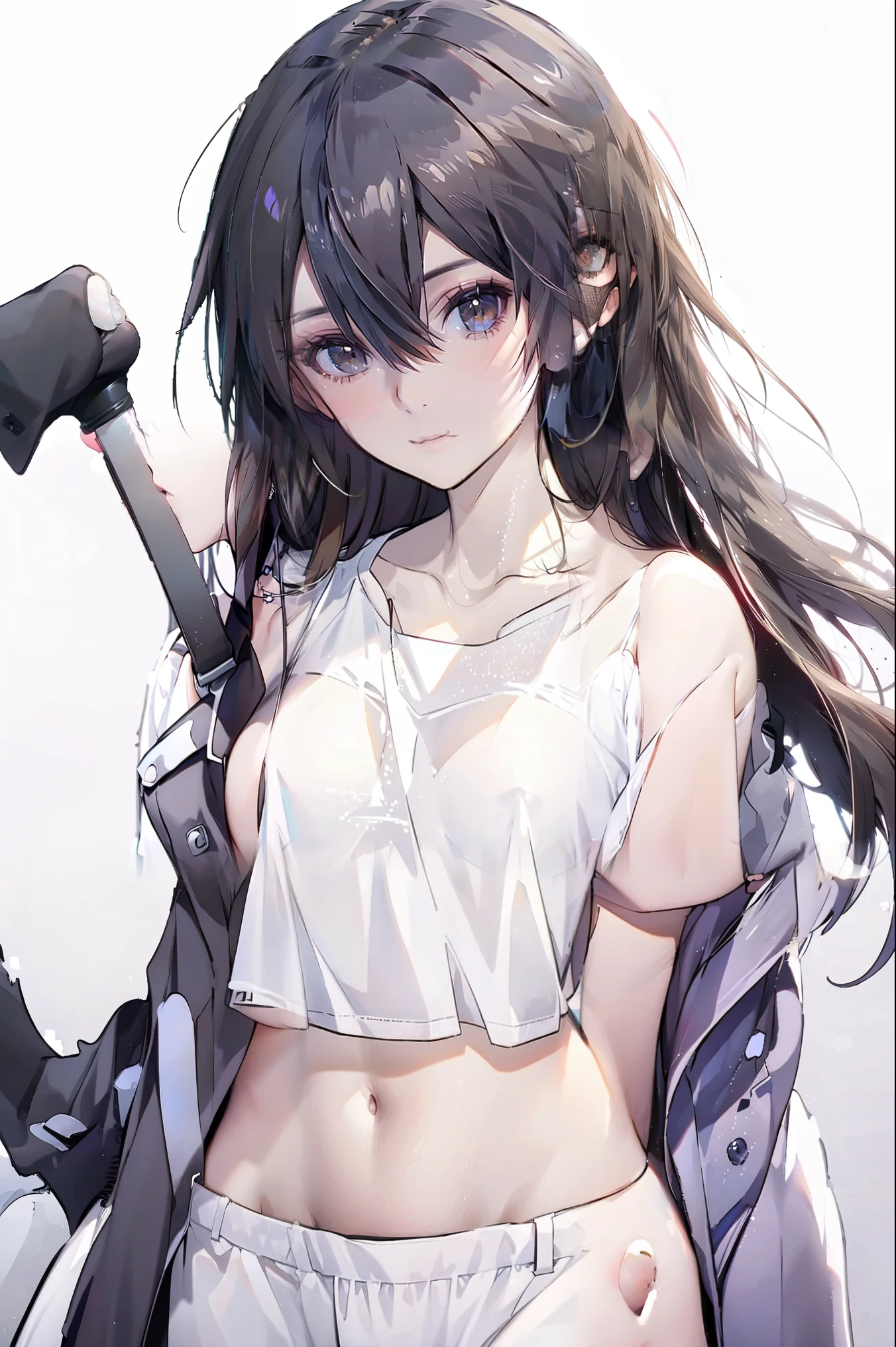  best quality,  High Res,slim、 Brown Eyes 、High target、 dark hair、(Long hair:1.3), Straight Hair 、7 Life Size 、Navel exposed、 White Short Sleeve Tee
Ong hair，Female Kirito ，Big breasts(d), Chest, 