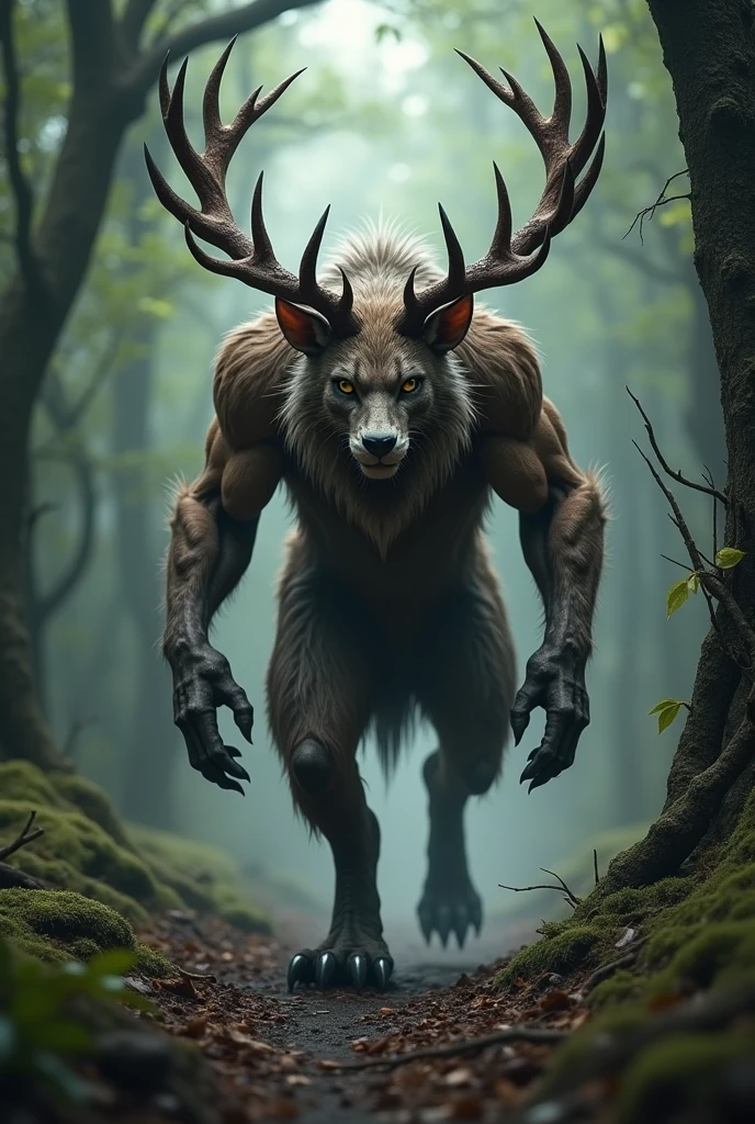 full body portrait of scary big black beast, feral, long legs, four legged, wolf skull face, horns, antlers, deer, tiger, wolf, wendigo, bear, hybrid with beryl green eyes dark mysterious forest scenery, fantasy, dark fantasy, full body, cinematic, render, 8k, unreal engine, realistic, masterpiece, high detail, full body, low life, volumetric lighting