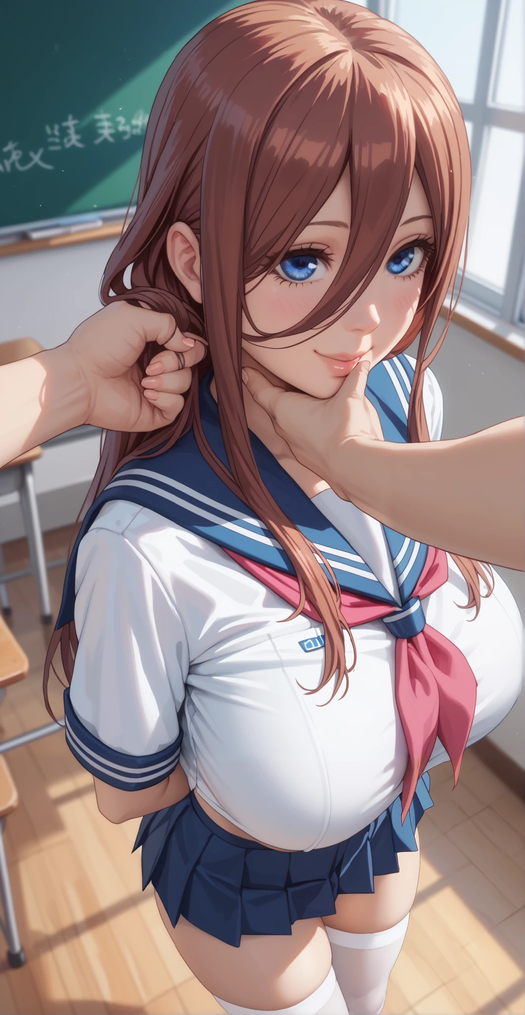 chica alta, fit girl, score_9, score_8_above, score_7_above, score_6_above, uncensored, 1 girl, miku nakano, long hair, blows, Blue eyes, brown hair, shirt, hair between eyes, huge breasts , sailor outfit, school_uniform, atar, white stockings, smile, Close your mouth, Tying above hair, Bitten pigtail , classroom background, standing, cropped clothing