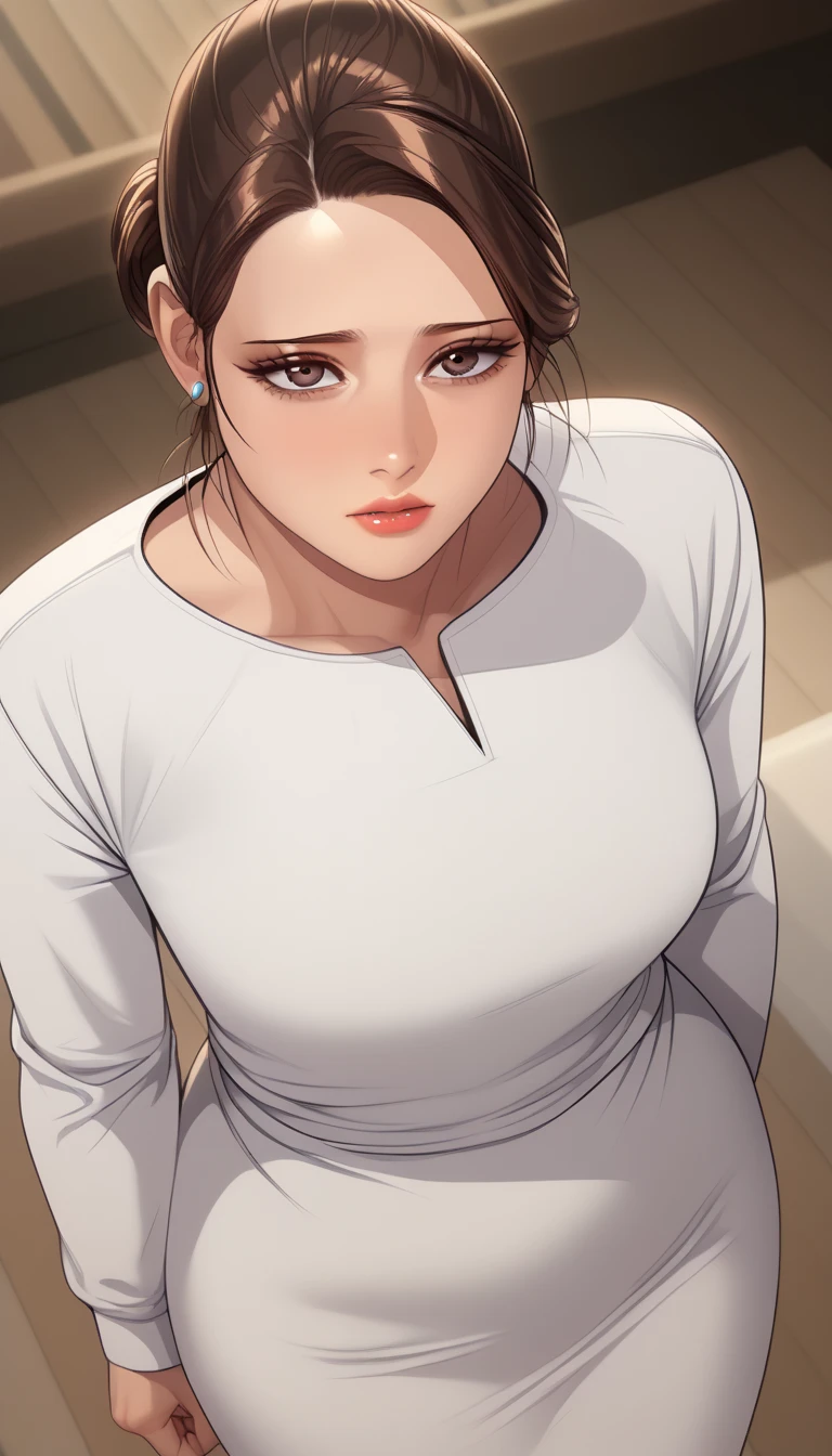 (masterpiece, best_quality:1.2), 1girl, solo, mature female, a1m33, brown hair, low bun, (housewife:1.5, casual clothes, skirt, long sleeves), beautiful eyes, female focus, large breast, wide hips, looking at viewer, ((above view)) ((close up shot)) ((solo)) detailed, very high resolution, no blurry image, (cowboy shot), standing, beautiful, serene expression, intricate details, detailed background, indoors