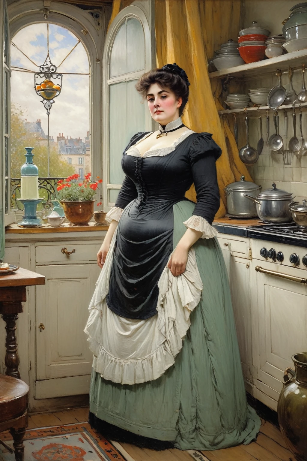 Full body shot of a curvaceous, voluptuous,  buxom Victorian widow standing in her kitchen looking out of the window, by Jean Béraud, inspired by Jean Béraud, inspired by Édouard Detaille, edouard leon cortes, inspired by Ivan Kramskoi, inspired by Jean-Louis-Ernest Meissonier, by Édouard Detaille, inspired by Paul Émile Chabas, opulent updo hairstyle, white apron 