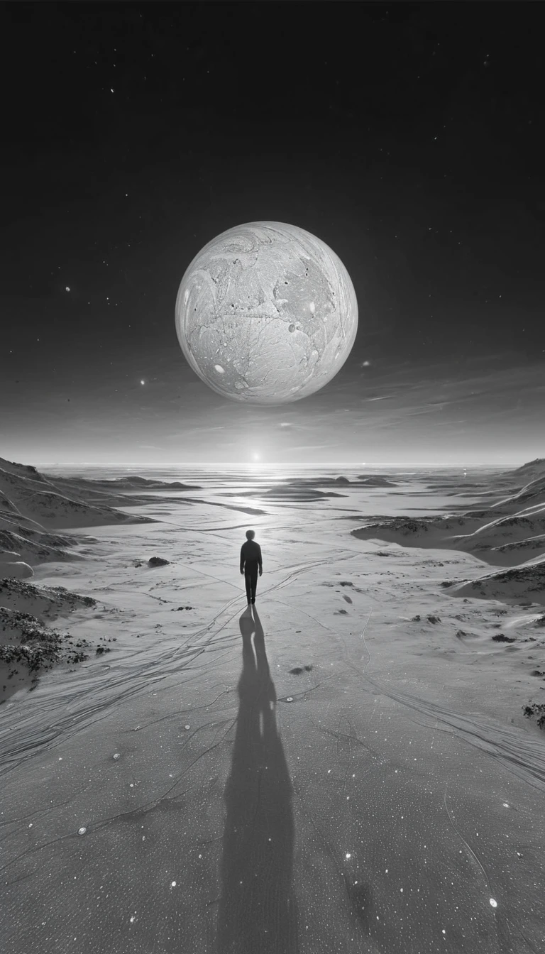 best quality,ultra-detailed,photorealistic:1.37,landscape,black and white,soft lighting,stars,planets,nebulae,wandering figure,peaceful solitude,vastness of space,subtle textures,serene atmosphere,calmness,harmony,ethereal beauty,tranquility,simple shapes and lines,sublime experience,limited color palette,dreamlike ambiance