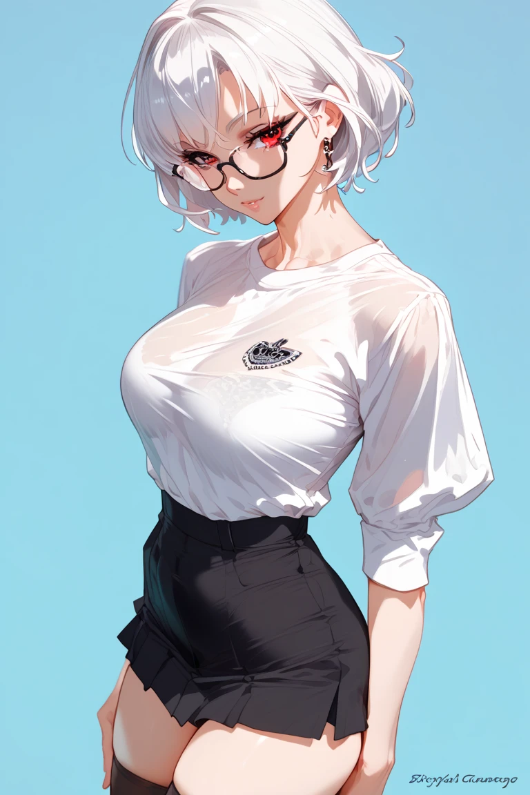 1 woman, Short white hair, Bright red eyes , Wear a shirt , Wear a short skirt, , wear vintage glasses ,  sensual posture ,  boobs, ,  Masterpiece,  high definition , precise,  anatomically correct,  Wild  Flooring, Solid color background , Slim figure, Only half