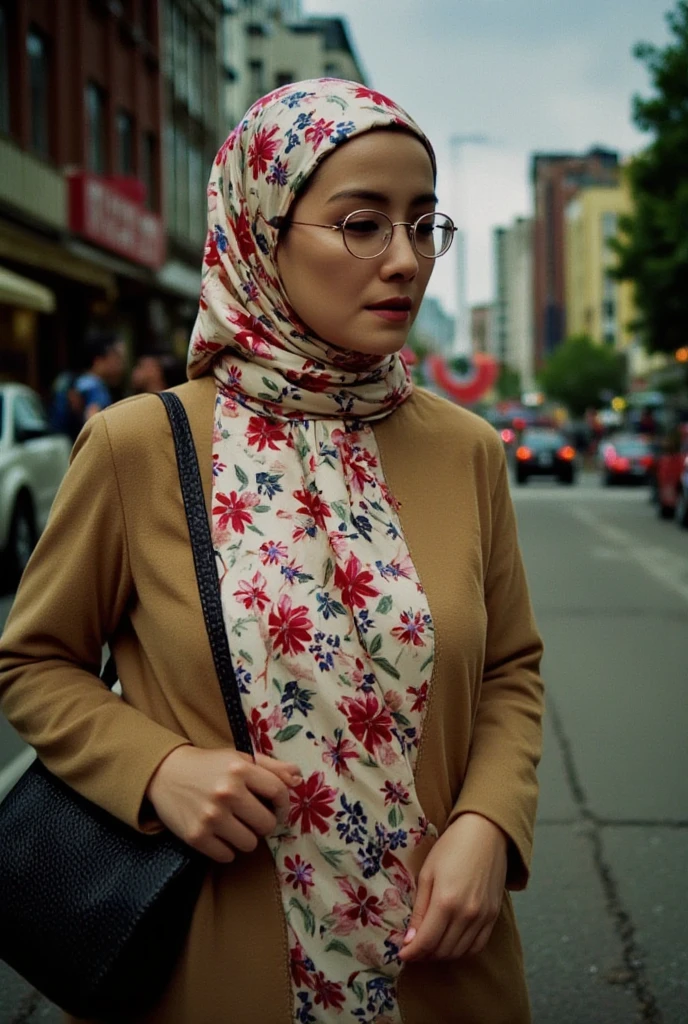 woman muslim hijab walking at street, a realistic photo of a [very pretty 26 year old woman], wearing [thick nerd glasses], light makeup, looking [innocent, cute, flushed], [light] skin 