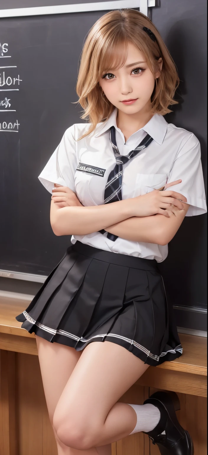 masterpiece 、 top quality、 High school girl cosplay、 super detailedアート 、 high definition 、8k wallpaper、 perfect dynamic configuration , beautifully detailed eyes 、 natural colored lips、 mischievous smile、 Expressions of seduction、 blonde alone、 wavy hair 、Dark brown eyes、 bob hair、 gal、 galメイク、 style for stilets、、Big Breasts、かわいい gal、 staring at the camera 、( top quality: 1.3), ( masterpiece : 1.3), ( super detailed: 1.3), ( One Girl :1.1)、( detailed hands and fingers :1.2)、( Detailed Super Oily Gloss Skin :1.1)、 Oily Shiny Socks 、( school uniform:1.5、 Castle Short Sleeve Shirt 、 Checkered ribbon、 Tight shirt 、 cross your arms、チェックのプリーツ skirt)、(classroom、 blackboard 、 cross your arms、 chest enhancement pose :1.3 ) skirt、 short hair、Bouncy Hair、 sexy thighs、 You can see the bulge of the chest from the top of the clothes、, Systemic manifestations ,
