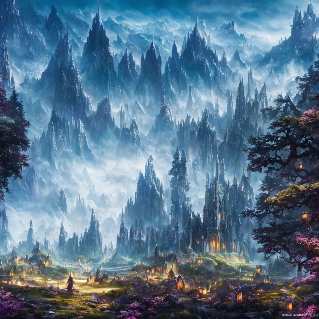 a fantasy landscape, a magical book cover, a mystical forest, mountains in the background, glowing crystals, mysterious ruins, enchanted trees, floating islands, fantasy architecture, radiant sky, ethereal lighting, vibrant colors, detailed foliage, moody atmosphere, cinematic composition, intricate details, dramatic shadows, photorealistic, best quality, 8k, masterpiece, fantasy art, digital painting