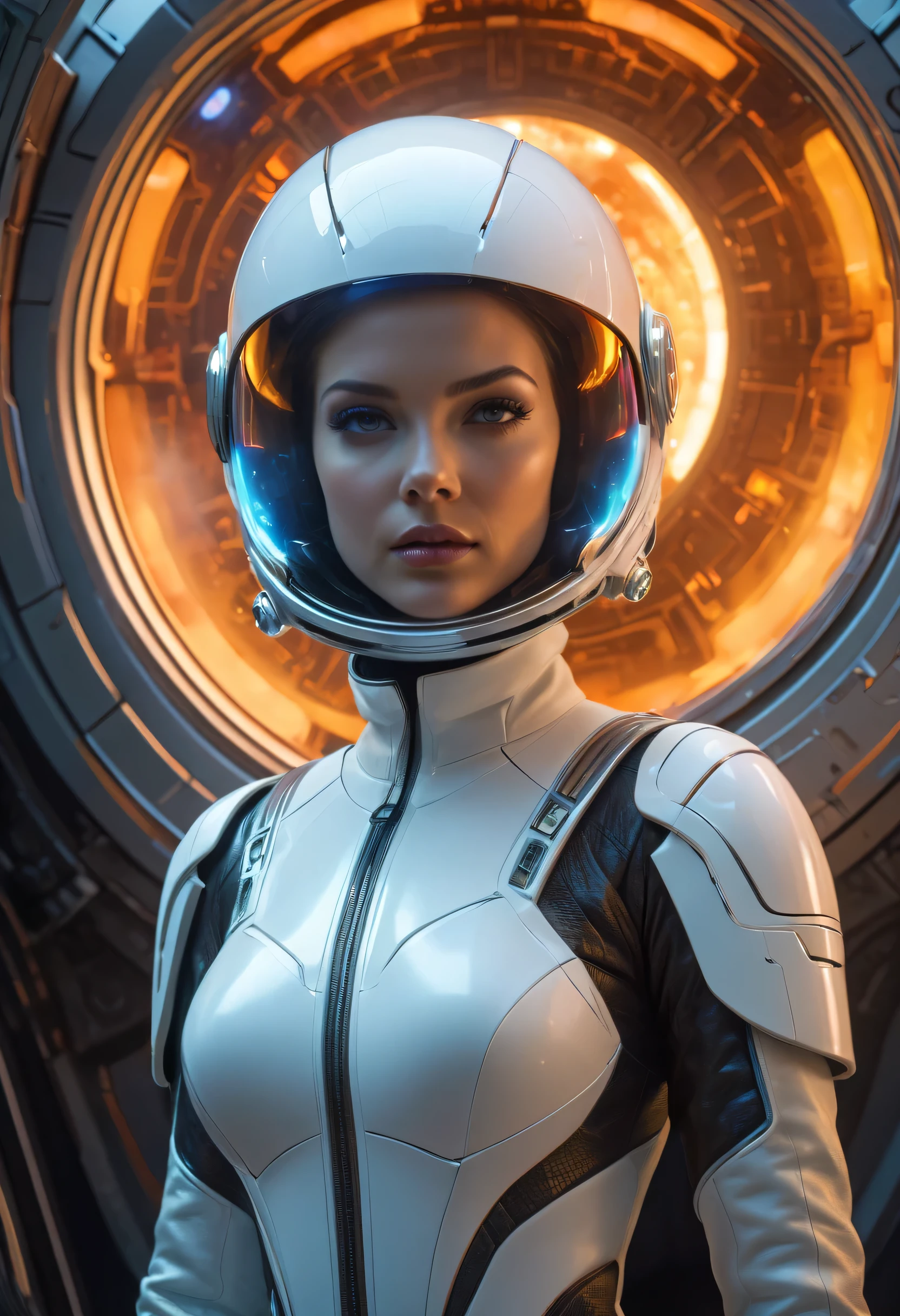 A Modern flat toon Crazy whit a Big ONE a Only Eye Robot and helmet Style with super space big bikei, like Sophia Loren and Christina Ricci nude in Cyan hair, pinhead, camouflage Black Yellow Rusty, Ambient in a meteorite crater super detailed, center, beautiful, soft lighting, focused on the character, 4K resolution, photorealistic rendering,