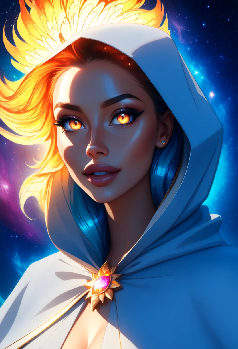 (masterpiece, top quality, best quality, official art, beautiful and aesthetic:1.2), (1girl), extreme detailed eyes, (fractal art:1.3), colorful, highest detailed, (perfect face), shiny skin, HDR, (white cloak golden lines:1.2), galaxy, (light streaks), striking visuals, (dynamic streaks, luminous trails:1.2), vibrant colors, (phoenix), (dragon)