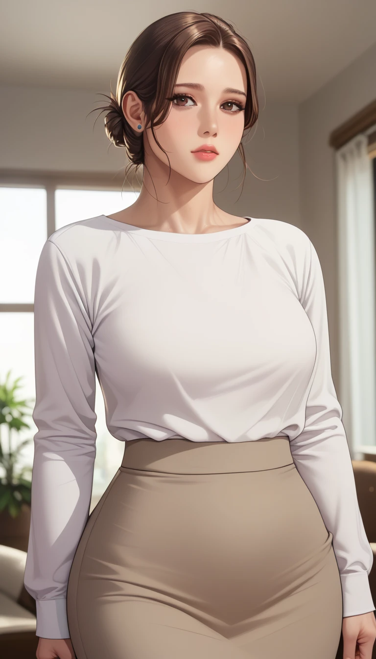 (masterpiece, best_quality:1.2), 1girl, solo, mature female, a1m33, brown hair, low bun, (housewife:1.5, casual clothes, skirt, long sleeves), beautiful eyes, female focus, large breast, wide hips, looking at viewer, ((close up shot)) ((solo)) detailed, very high resolution, no blurry image, (cowboy shot), standing, beautiful, serene expression, intricate details, detailed background, indoors