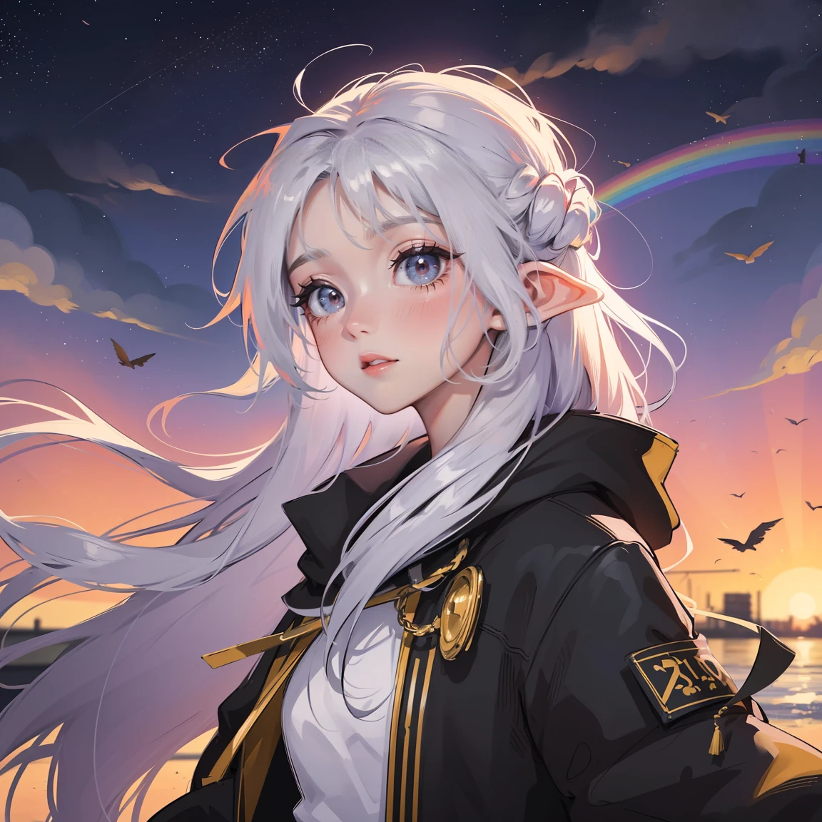 girl with long hair, white hair, anime aesthetic, anime vibes, anime, noble girl, anime art wallpaper 4 k, anime art wallpaper 4k, anime art wallpaper 8 k, anime background art,anime asthetic, masterpiece, top quality, rainbow style, anime, beautiful asian girl, along hawaiian coast, cute and dreamy, anime, illustrator, lofi girl, blues, landscape, sunset, night, christmas mood in the streets, 2d style anime, analog color theme, ghibli style, fantasy, (girl with white long hair and light purple eyes) elf