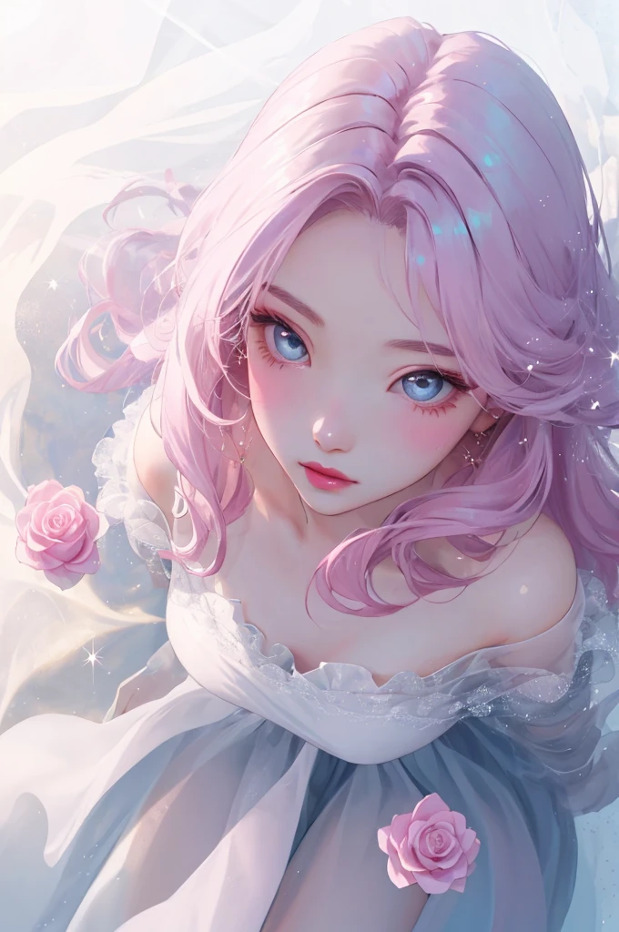  １  beautiful girl、  from directly above、 Mysterious Eyes   、  pink lips、 Brush、 skin texture、 shoulder、The scent of roses、  Misty Dress  、frills、cool、 delicate soft  、  Sparkling Reflections  、  natural pink super long hair、 Fusion with fog  、White thick fog 、Blur、 Warm Light、 high definition 