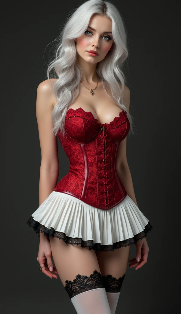 high quality fingers, normal hands, detailed fingers, masterpiece, (realistic, photo-realistic:1.37), (full body:1.5), High-end editorial-style photoshoot highlighting the beauty of a woman with blonde hair and bright blue eyes, dressed in a chic red and black corset, thin waist, seductive smile, large tits, perfect body, perfect face, (full body:1.5), set within the refined atmosphere of a Victorian ballroom. Stylish, elaborate jewelry made with expensive gems.