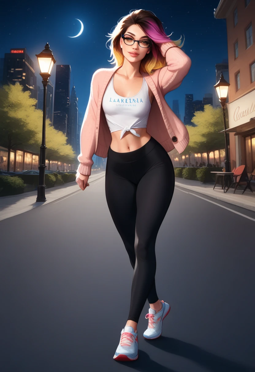 best quality, masterpiece, cinematic lighting, intricate, cinematic detailed realistic background, detailed face, full body, small breasts, realistic, ligne claire, , , 1girl jogging, cityscape, night, tied shirt, looking at viewer, tattoo, model pose, open cardigan, ringed yellow eyes, streetlight, lamppost, yoga pants, split-color hair, glasses,, ,  