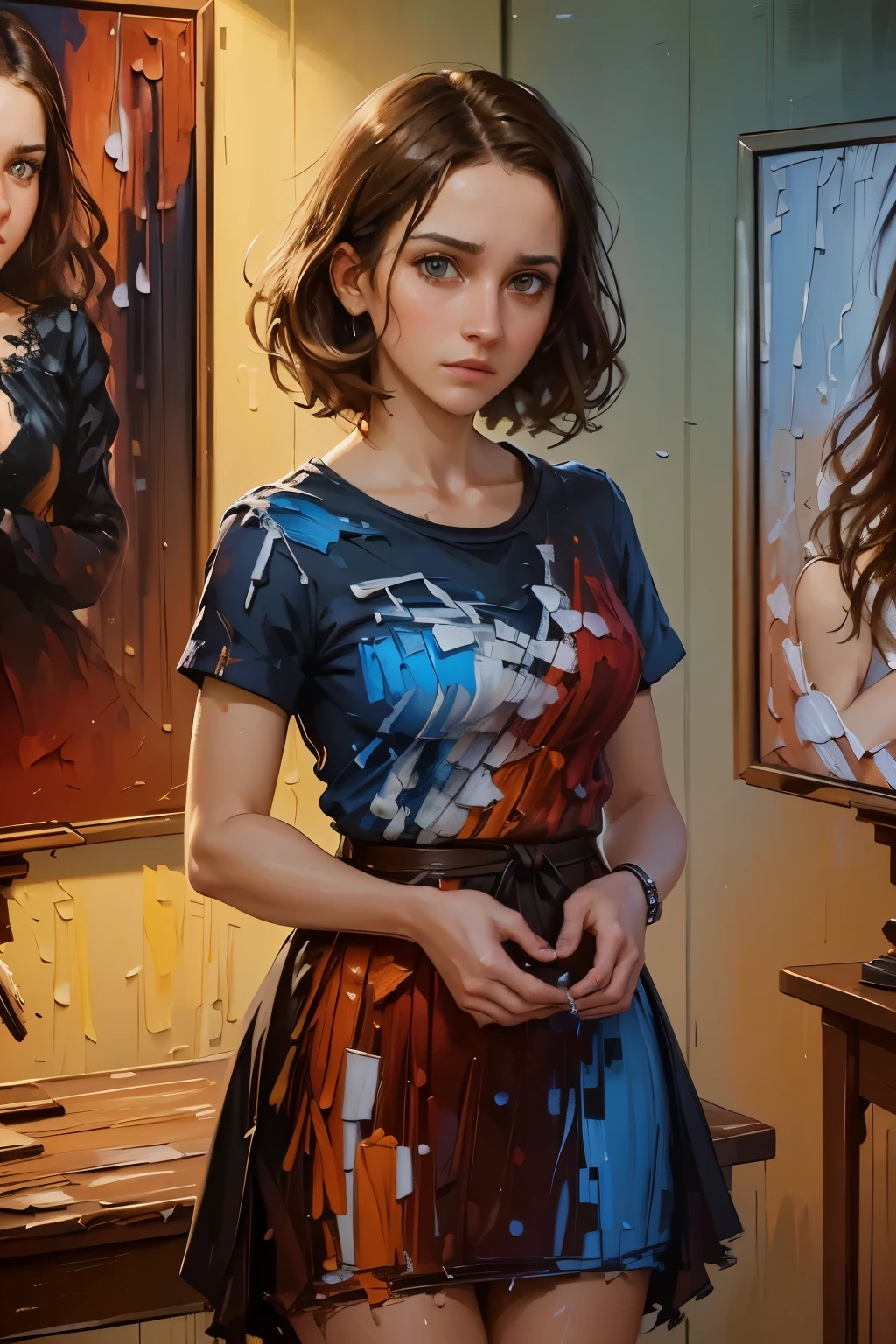 (female portrait, palette knife painting, impressionist style, large brushstrokes, dynamic brushwork, vibrant colors, chiaroscuro lighting, dramatic lighting, moody atmosphere, emotive expression, detailed facial features, mesmerizing eyes, alluring gaze, textured canvas, masterpiece, photorealistic, best quality, 8k, hyper detailed)