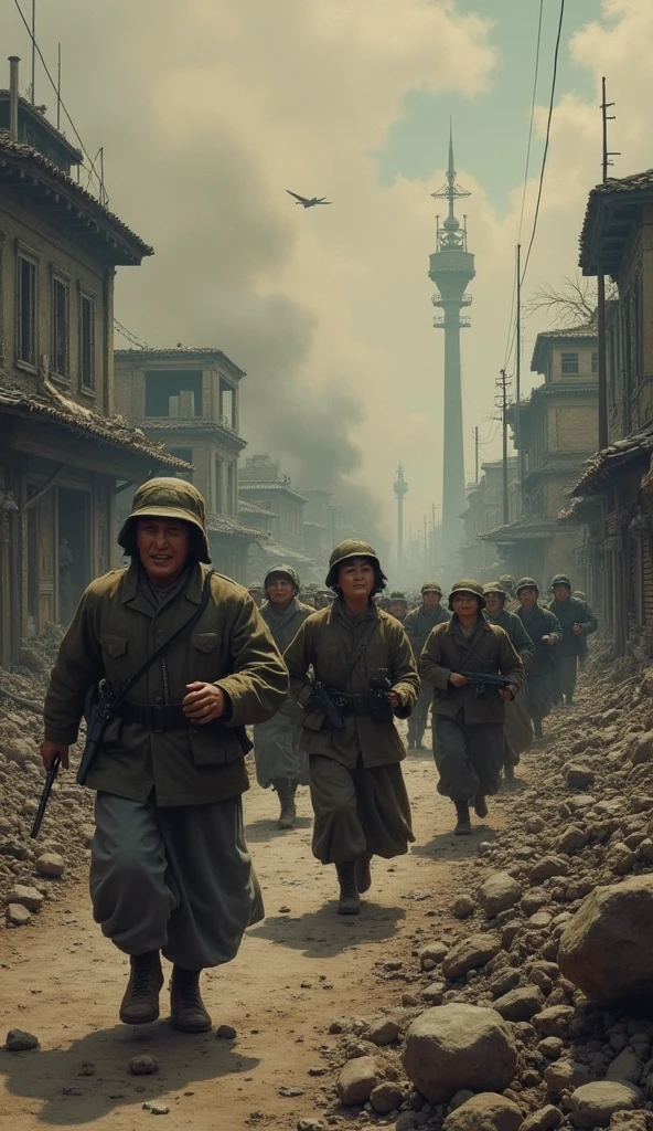soldiers are standing in front of a building with a clock, japan soldier in world war 2, by Kamisaka Sekka, war photo, ww2 photo, ww2 historical photo, ww 2 historical photography, ww2 historical photography, by Kanō Tan'yū, war scene, by Watanabe Kazan, soldiers charging in, ww2 era photograph