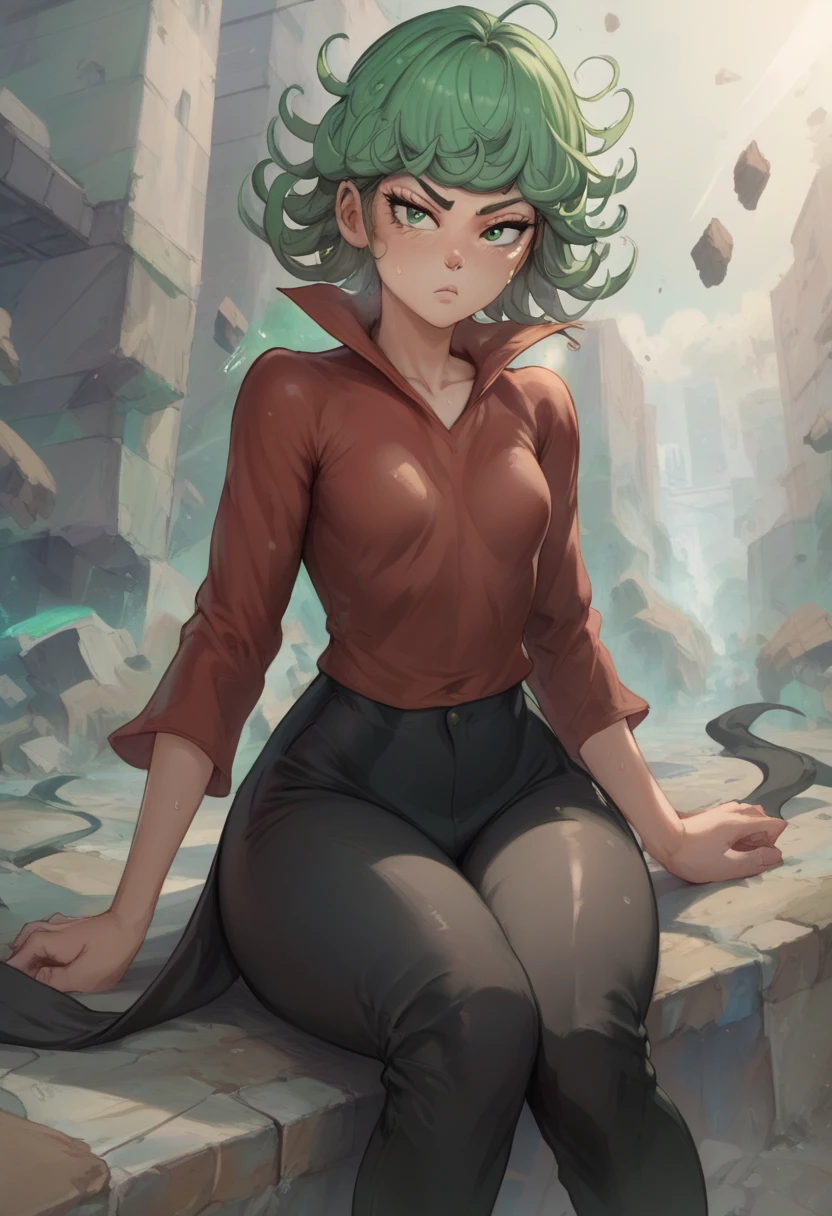 Tatsumaki, short green hair, green eyes, Small saggy breast, huge hips., an impatient expression on his face, sitting in a destroyed city, dynamic pose, dynamic view, a red T-shirt. black trousers. sweat. fatigue
