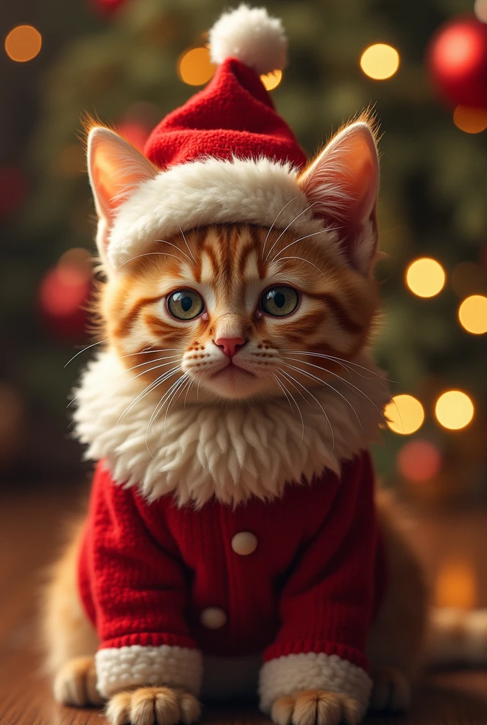 cat、サンタの帽子をかぶったcat、 Christmas、可愛いcat、Slightly dissatisfied face、綺麗な白色のcat