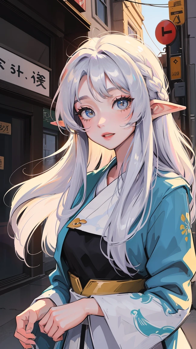 girl with long hair, white hair, anime aesthetic, anime vibes, anime, noble girl, anime art wallpaper 4 k, anime art wallpaper 4k, anime art wallpaper 8 k, anime background art,anime asthetic, masterpiece, top quality, rainbow style, anime, beautiful asian girl, along hawaiian coast, cute and dreamy, anime, illustrator, lofi girl, blues, landscape, sunset, night, christmas mood in the streets, 2d style anime, analog color theme, ghibli style, fantasy, (girl with white long hair and light purple eyes) elf