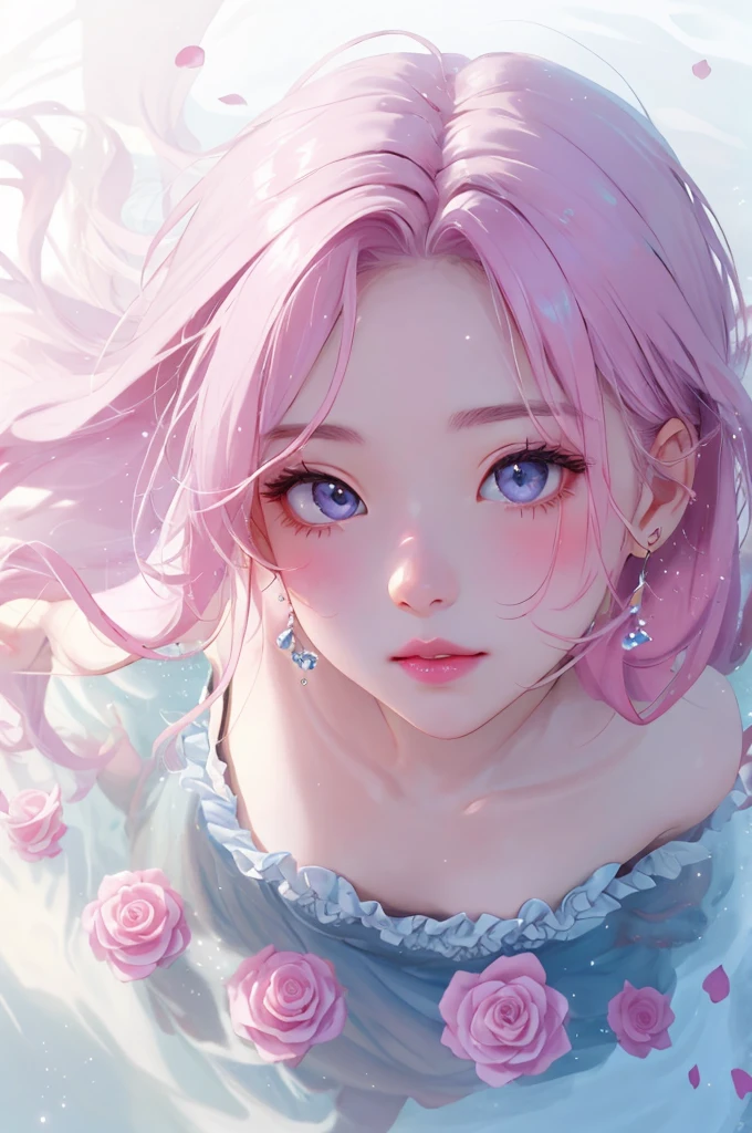  １  beautiful girl、  from directly above、Gentle Eyes  、  pink lips、 Brush、 skin texture、 shoulder、The scent of roses、  Misty Dress  、frills、cool、 delicate soft  、  Sparkling Reflections  、  natural pink super long hair、 Fusion with fog  、White thick fog 、Blur、 Warm Light、 high definition 