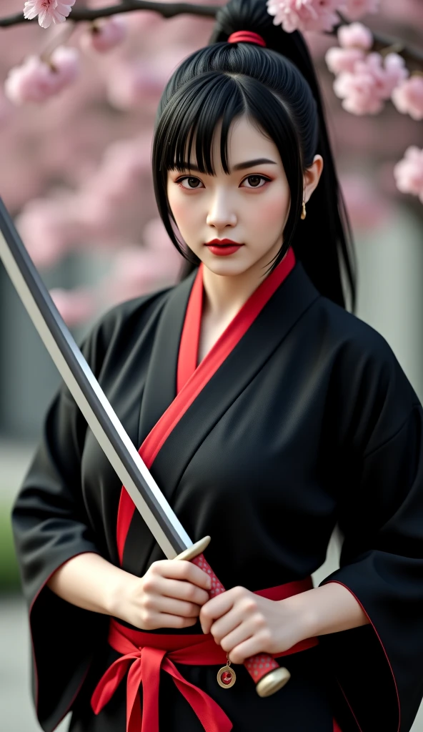 A striking Japanese female assassin in a sleek black kimono with crimson accents, wielding dual katanas. Her bold makeup emphasizes sharp eyes with red eyeliner. Dark cherry blossoms fall around her in a bokeh-filled background. High-angle shot with perfect symmetry, rustic texture, cinematic lighting, and hyper-realistic detailing captured with Panasonic Lumix GH5S using Sigma 18-35mm f/1.8 lens, rendered in Unreal Engine 5 and Octane Render, 8K quality.