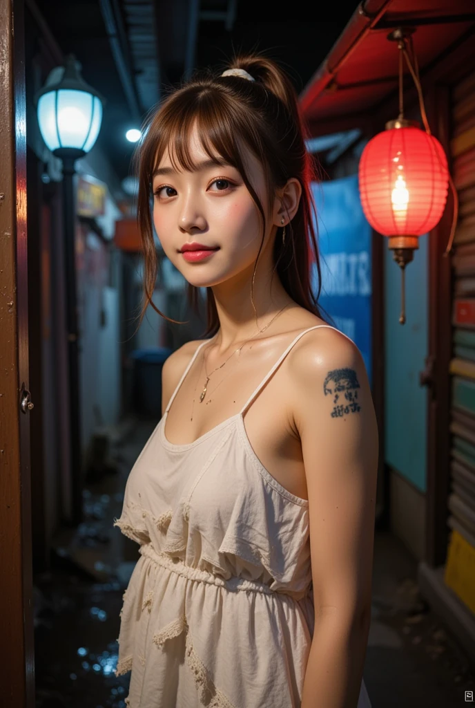 realistic, Press photo, Documentary Technique,
hasselblad, 85mm f1.4 zeiss lens, HDR,
(full body visible:1.5), 
In this photo she is seen from head to toe,
the ground she is standing on is wet,
facing the camera, looking at the camera,
young korean girl,
pony tail, bangs,
Her face resembles "Arin" from "OH MY GIRL",
she is lowteen,
big round brown eyes, 
she has very white skin, 
she has dark brown hair, 
her legs is little fat, 
she height is 153cm,
she is a just little smile,
she wearing white camisole,
Her clothes are old and very dirty,
she is very dirty,
she has whore's tattoo, 

She is a slum dweller and is very dirty,
she looks unhealthy,
she prostitutes herself in the slums,
her customers are beggars,
she has many wart,
she has many scars,
Her clothes have a lot of stains,
some of stains are black some yellow some red,
Her clothes are torn in places,

She is standing in front of a cheap brothel in a slum at night,
The slums are dark at night, 
only the brothel's red lantern glows dimly,
She smiles sweetly at the men passing by and beckons them to come,