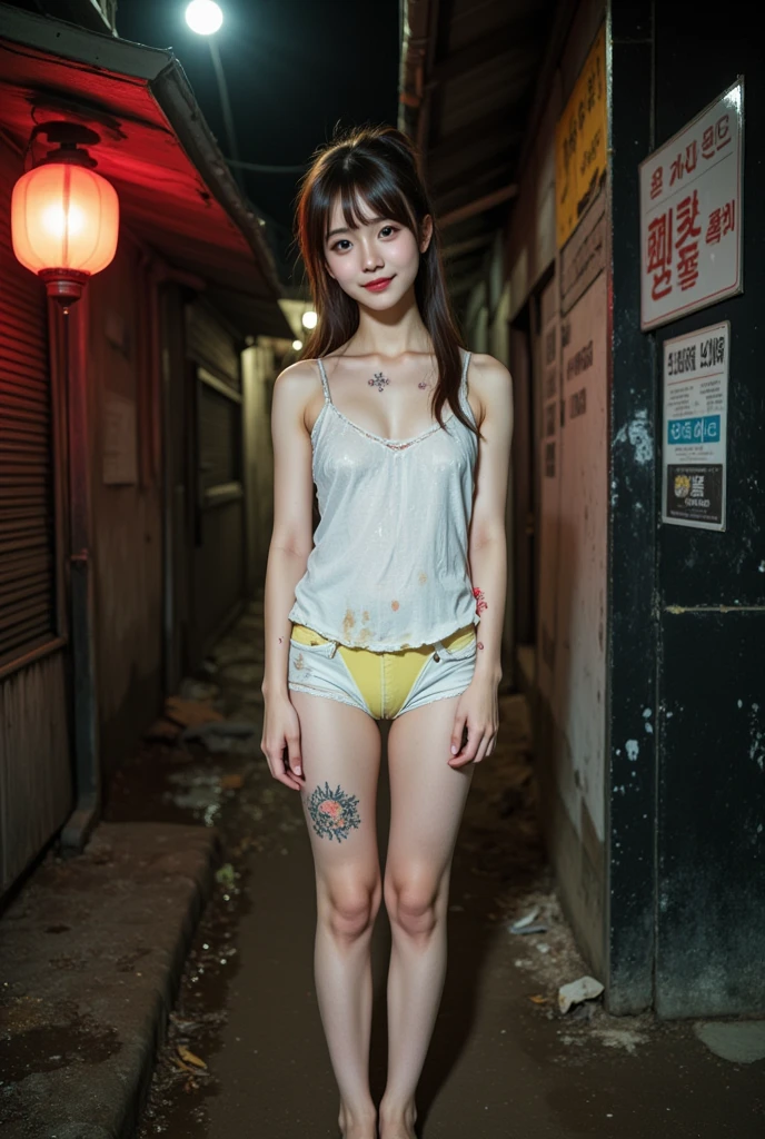 realistic, Press photo, Documentary Technique,
hasselblad, 85mm f1.4 zeiss lens, HDR,
(full body visible:1.5), 
In this photo she is seen from head to toe,
the ground she is standing on is wet,
facing the camera, looking at the camera,
young korean girl,
pony tail, bangs,
Her face resembles "Arin" from "OH MY GIRL",
she is lowteen,
big round brown eyes, 
she has very white skin, 
she has dark brown hair, 
her legs is little fat, 
she height is 153cm,
she is a just little smile,
she wearing white camisole,
Her clothes are old and very dirty,
she is very dirty,
she has whore's tattoo, 

She is a slum dweller and is very dirty,
she looks unhealthy,
she prostitutes herself in the slums,
her customers are beggars,
she has many wart,
she has many scars,
Her clothes have a lot of stains,
some of stains are black some yellow some red,
Her clothes are torn in places,

She is standing in front of a cheap brothel in a slum at night,
The slums are dark at night, 
only the brothel's red lantern glows dimly,
She smiles sweetly at the men passing by and beckons them to come,