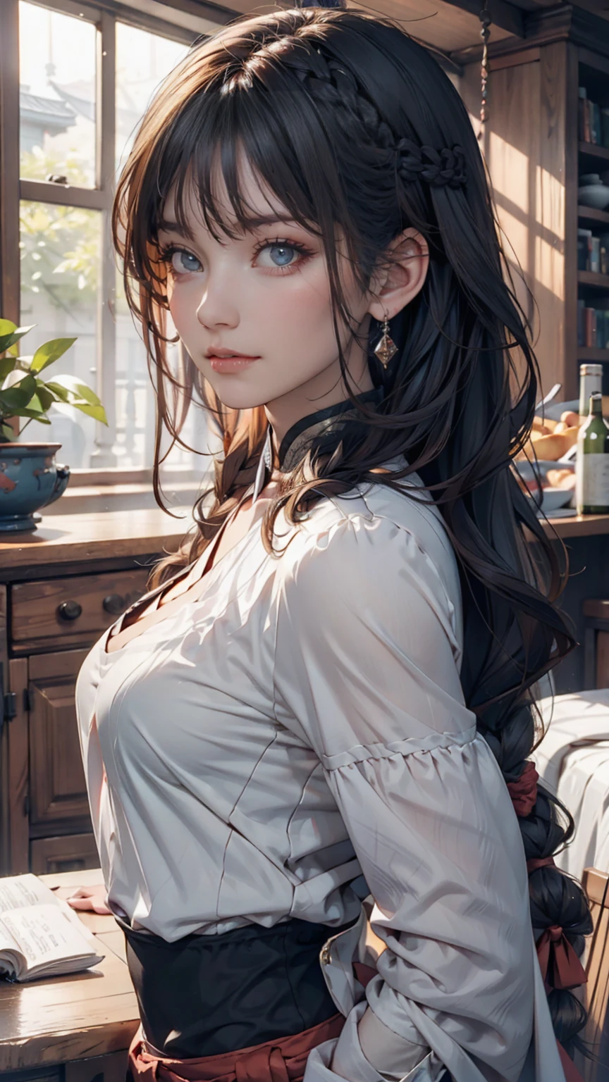 One with long hair, the other with short women, ((white sheer blouse, no black miniskirt)), underwear bitten, sexy pose, lower body slender, back figure, gaze by the window, buttocks sticking out, on all fours, buttocks facing away, provocative 8:57 masterpiece, top quality, young maid, wearing a maid uniform
