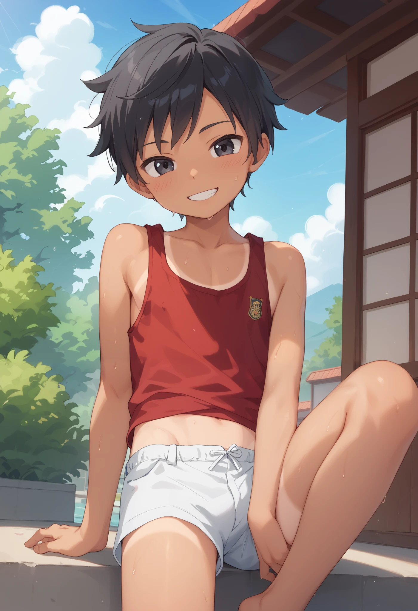 Solo images、 boy 、Shota、 elementary school students、 short、Overall image、 shirtless、 black eyes、 happy smile、 is sweating、 black hair short hair, tan skin, version、Short legs、 sunburned skin、 red tank top、Shorts、 CutifiedAnimeCharacterDesign Variant - Type D -、Background outside in the countryside at dusk、