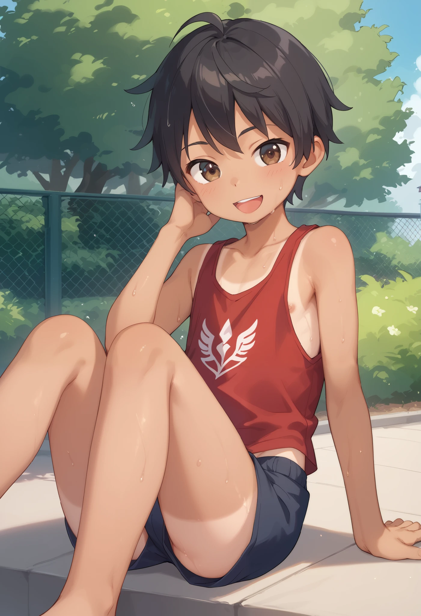 Solo images、 boy 、Shota、 elementary school students、 short、Overall image、 shirtless、 brown eyes、 happy smile、 is sweating、 black hair short hair, tan skin, version、Short legs、 sunburned skin、 red tank top、Shorts、 CutifiedAnimeCharacterDesign Variant - Type D -、Background outside in the countryside at dusk、