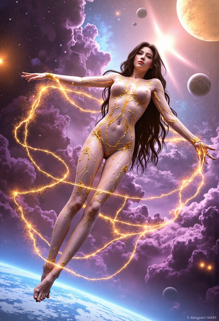 ridiculous resolution, high resolution, (masterpiece:1.4), super detailed, stars, seen from above, space, floating, --v 6,mother of universe,cosmic being,1 cosmic woman , with univers star body