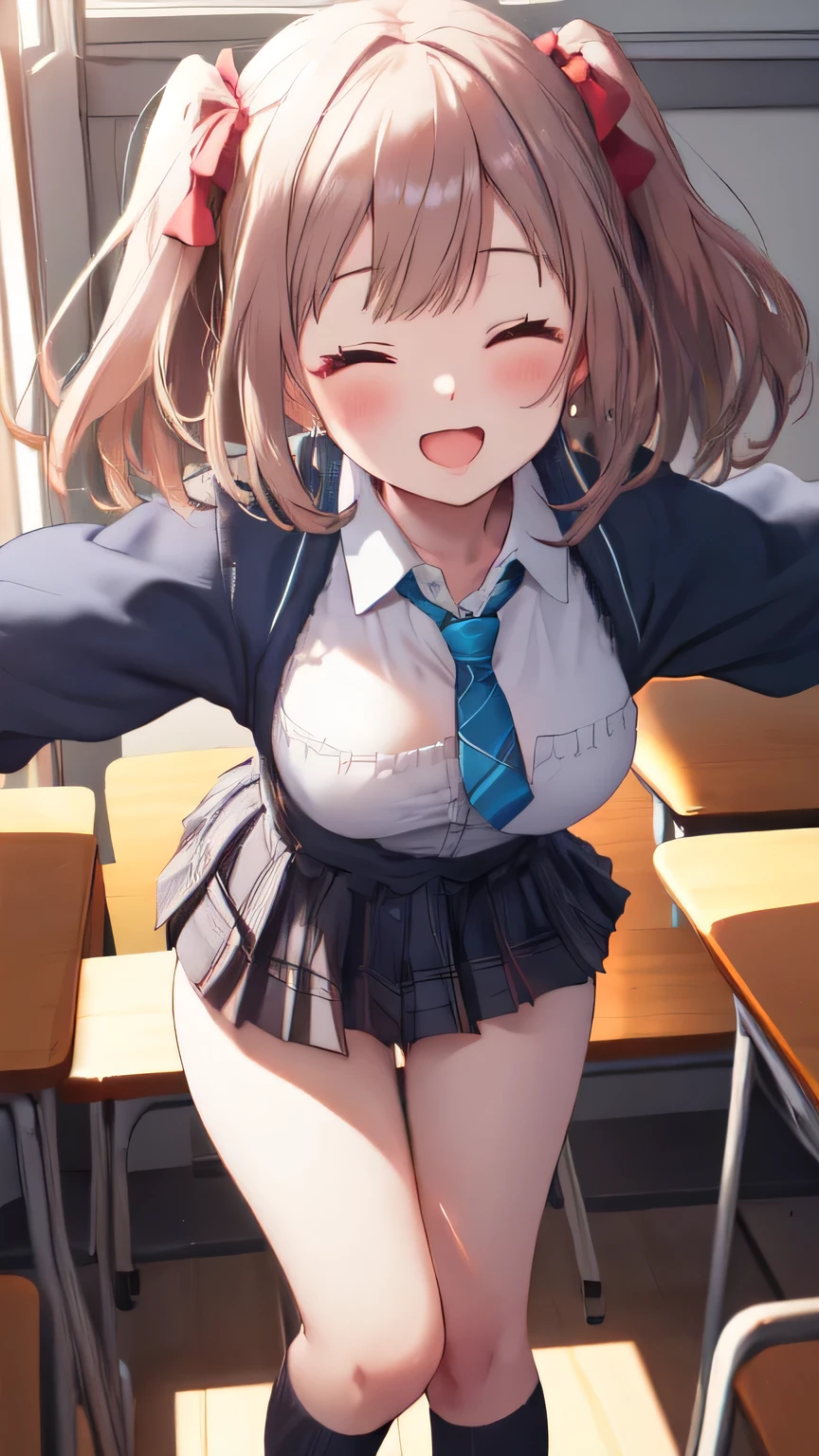 Bird Minami, Minami Kotori, Brown Hair, (Brown eyes:1.5), One side up, hair ribbon, ribbon, Long Hair,
break blazer, Blue Skirt, Pleated skirt, ,
break looking at viewer,
break indoors, classroom,
break (masterpiece:1.2), Highest quality, High resolution, unity 8k wallpaper, (figure:0.8), (Beautiful attention to detail:1.6), Highly detailed face, Perfect lighting, Highly detailed CG, (Perfect hands, Perfect Anatomy),((squatting))、((spread legs))、((full back panties))、arms behind head、bare breasts