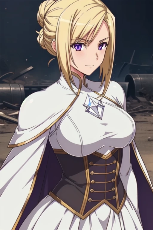 1girl,,big breasts,standing in ruined city,(8k),scratches,detailed face,blond hair,purple eyes,short hair,embarassed,small smile face,bun,hair, high_res, high_definition,the battlefield,battle pose,white corset,white cape,white gloves, (Emma Frost Custome:1.1),