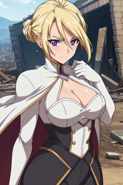 1girl,,big breasts,standing in ruined city,(8k),scratches,detailed face,blond hair,purple eyes,short hair,embarassed,small smile face,bun,hair, high_res, high_definition,the battlefield,battle pose,white corset,white cape,white gloves, (Emma Frost Custome:1.1),