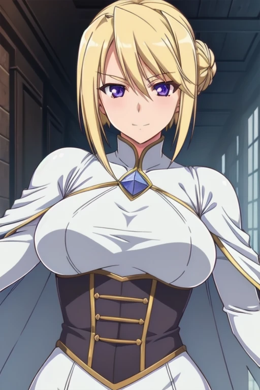 1girl,,big breasts,standing in ruined city,(8k),scratches,detailed face,blond hair,purple eyes,short hair,embarassed,small smile face,bun,hair, high_res, high_definition,the battlefield,battle pose,white corset,white cape,white gloves, (Emma Frost Custome:1.1),