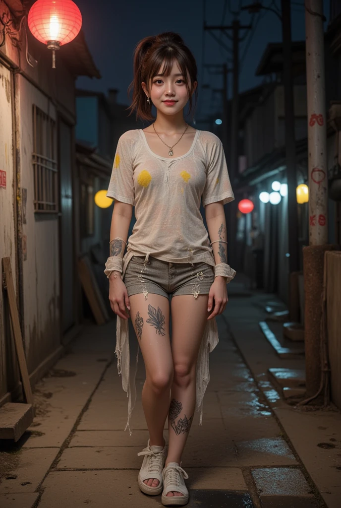 realistic, Press photo, Documentary Technique,
hasselblad, 85mm f1.4 zeiss lens, HDR,
(full body visible:1.5), 
In this photo she is seen from head to toe,
the ground she is standing on is wet,
facing the camera, looking at the camera,
young korean girl,
pony tail, bangs,
Her face resembles "Arin" from "OH MY GIRL",
she is lowteen,
big round brown eyes, 
she has very white skin, 
she has dark brown hair, 
her legs is little fat, 
she height is 153cm,
she is a just little smile,
The clothes she is wearing seem to be idol stage costumes but they are old and very dirty,
Her clothes are old and very dirty,
she is very dirty,
she has whore's tattoo, 

She is a slum dweller and is very dirty,
she looks unhealthy,
she prostitutes herself in the slums,
her customers are beggars,
she has many wart,
she has many scars,
Her clothes have a lot of stains,
some of stains are black some yellow some red,
Her clothes are torn in places,

She is standing in front of a cheap brothel in a slum at night,
The slums are dark at night, 
only the brothel's red lantern glows dimly,
She smiles sweetly at the men passing by and beckons them to come,