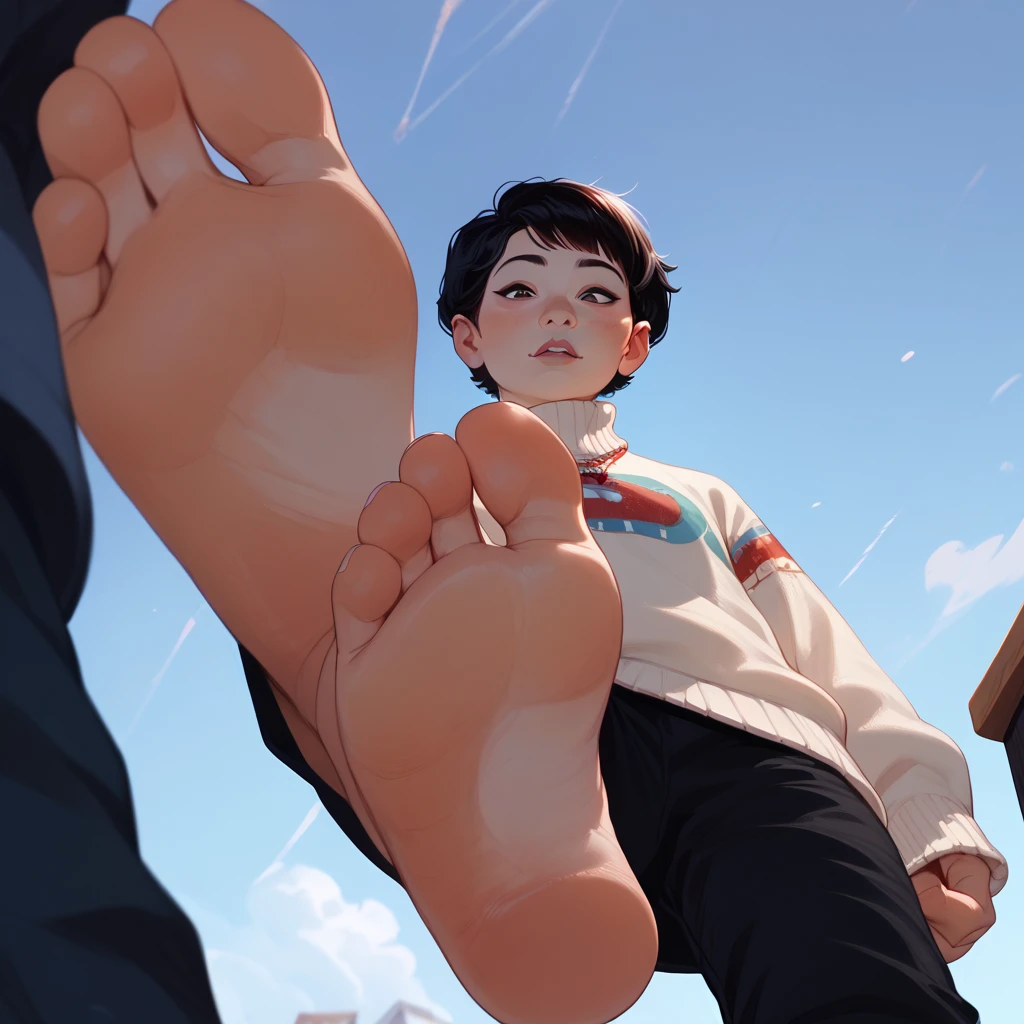 Young man, asian, black hair, straight hair, sweater, from below, low angle, footstomp, barefoot, feet, foot focus, soles, toes, foreshortening, view from below, (incase:0.35)