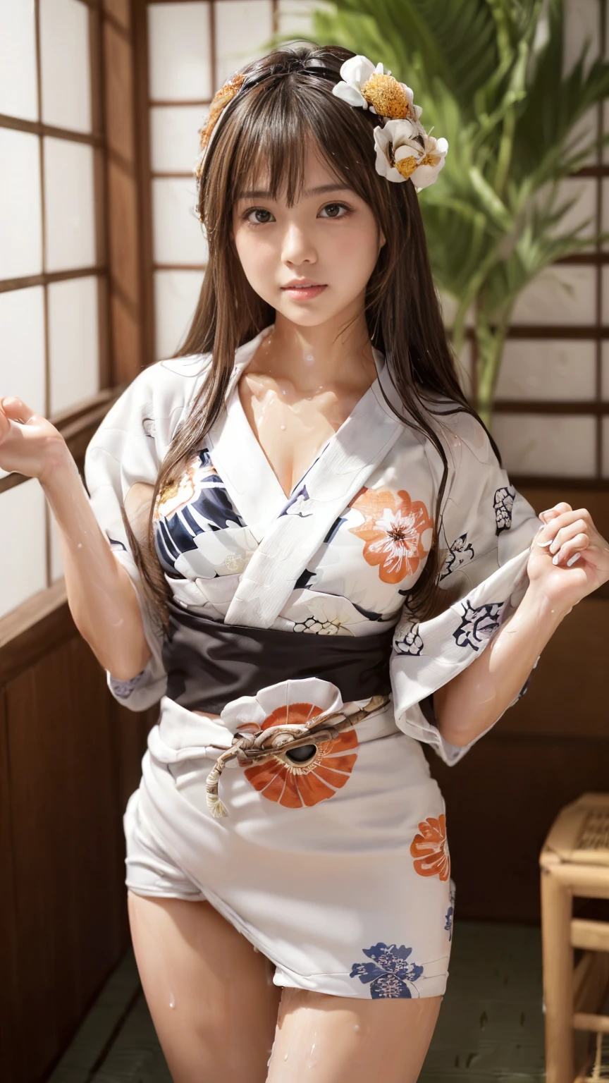 Anime, Japanese traditional woman, long hair, dressed in kimono, bending to pickup flower, big bust, looking back