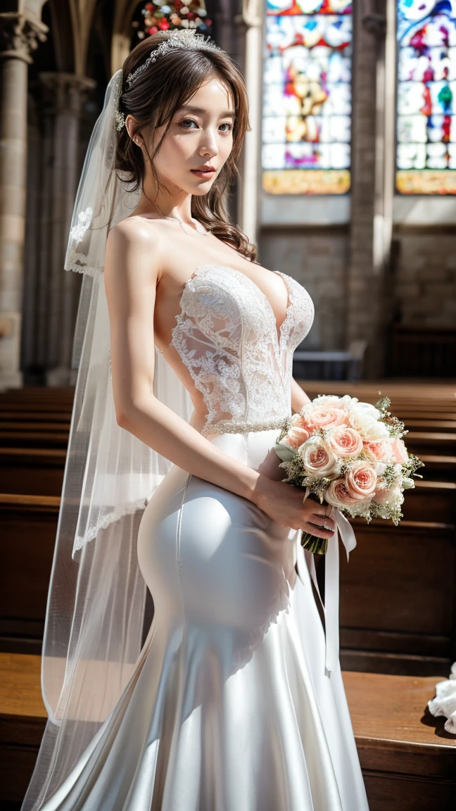 A beautiful young Japanese woman, 26 years old, with healthy thighs, beautiful legs, flawless skin, random hair color and style, large breasts, wearing a (wedding dress:1.3), (she is standing:1.2), full body shot, high heels, holding a bouquet in her hands, in a church setting, (best quality,8k, masterpiece:1.3), (extremely detailed:1.2), perfect anatomy