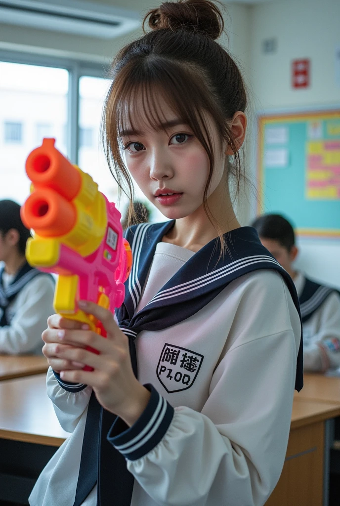  perfect composition,  proper placement , Golden Ratio, Portrait of a beautiful Japanese woman ,  bust up shot , Female students,  Stylish Closeup, Carrying a huge, colorful water gun,  Light Brown Hair , Unkempt, damp, wavy hair, Oily skin,  Cool Tone Lighting :1.331,  Sketchy Style :1.331,  high definition,  Digital Artwork ,   Japanese high school uniform ,  sailor suit, In the classroom, 
