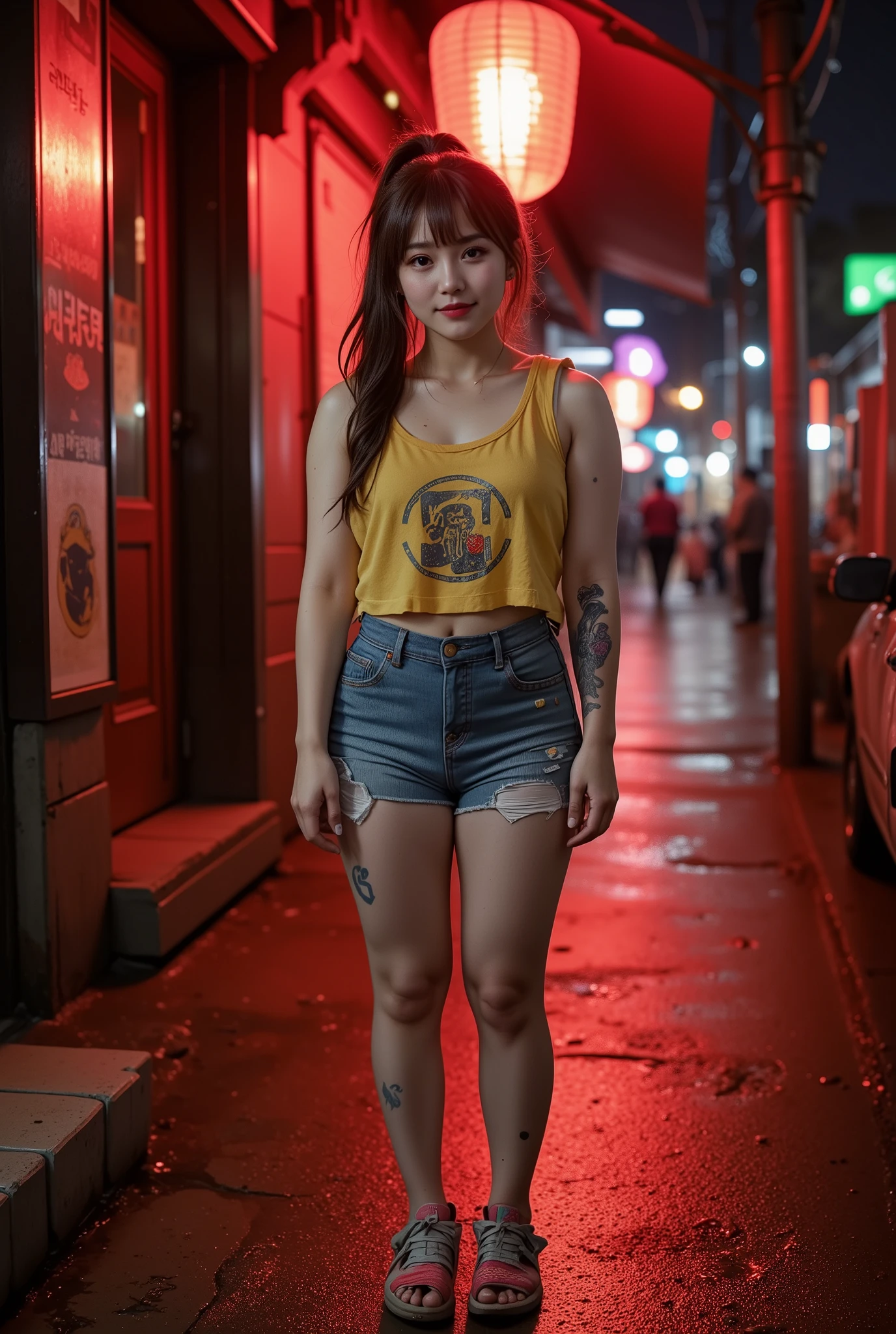 realistic, Press photo, Documentary Technique,
hasselblad, 85mm f1.4 zeiss lens, HDR,
(full body visible:1.5), 
In this photo she is seen from head to toe,
the ground she is standing on is wet,
facing the camera, looking at the camera,
young korean girl,
pony tail, bangs,
Her face resembles "Arin" from "OH MY GIRL",
she is lowteen,
big round brown eyes, 
she has very white skin, 
she has dark brown hair, 
her legs is little fat, 
she height is 153cm,
she is a just little smile,
The clothes she is wearing seem to be idol stage costumes but they are old and very dirty,
Her clothes are old and very dirty,
she is very dirty,
she has whore's tattoo, 

She is a slum dweller and is very dirty,
she looks unhealthy,
she prostitutes herself in the slums,
her customers are beggars,
she has many wart,
she has many scars,
Her clothes have a lot of stains,
some of stains are black some yellow some red,
Her clothes are torn in places,

She is standing in front of a cheap brothel in a slum at night,
The slums are dark at night, 
only the brothel's red lantern glows dimly,
She smiles sweetly at the men passing by and beckons them to come,