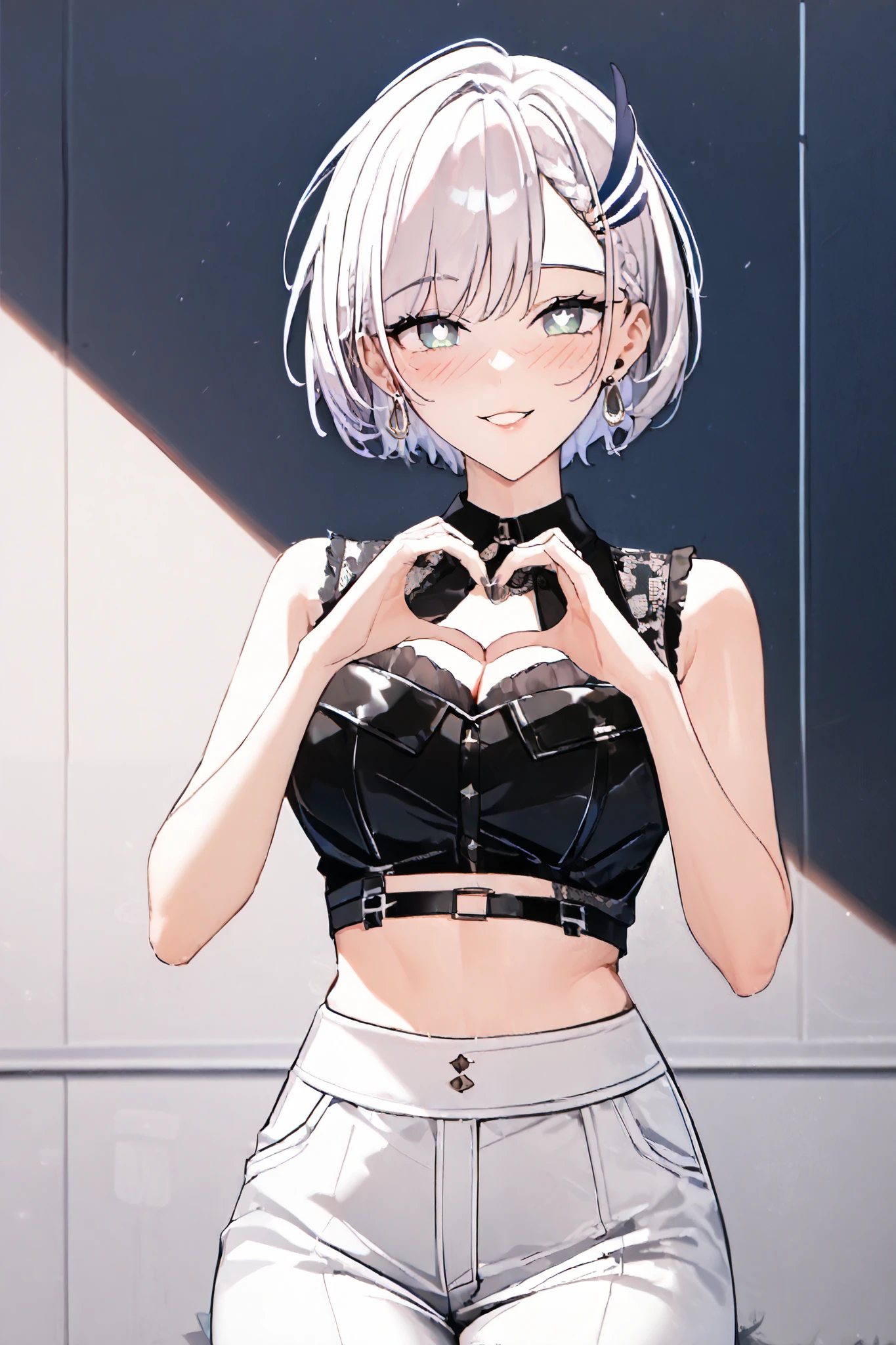 score_9, score_8_up, score_7_up, source_anime, rating_questionable, artistic, heart hands, ReineCasual, bright pupils, short hair, feather hair ornament, earrings, black shirt, cleavage, sleeveless, midriff, white pants, blush,고해상도, 걸작, 해부학적으로 정확, 초고화질, 매끄러운 피부, 매우 상세한, 