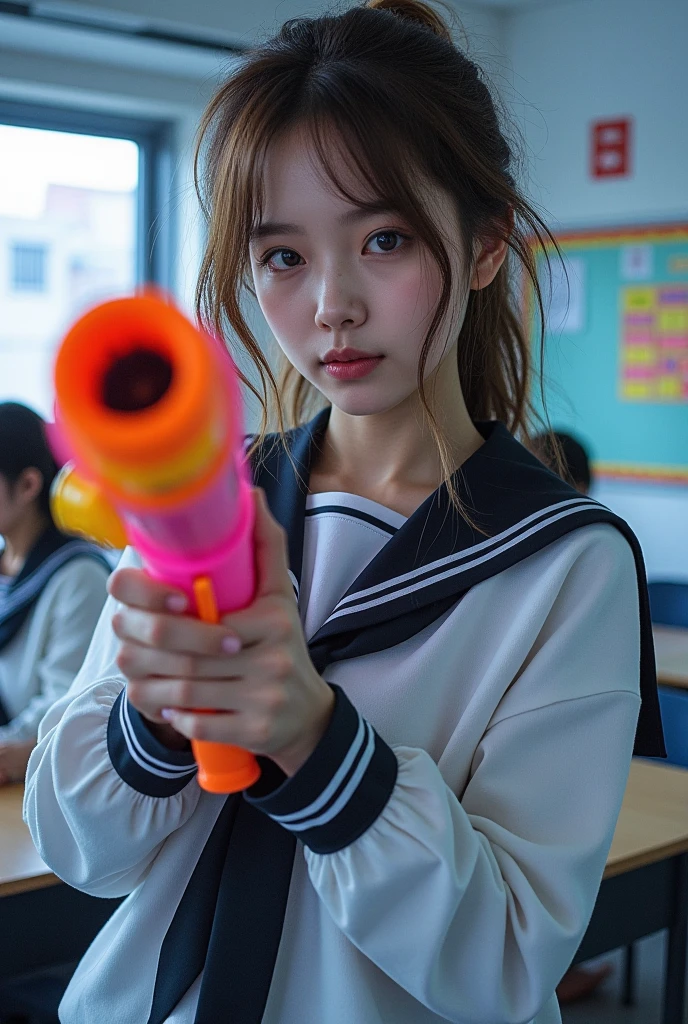  perfect composition,  proper placement , Golden Ratio, Portrait of a beautiful Japanese woman ,  bust up shot , Female students,  Stylish Closeup, Carrying a huge, colorful water gun,  Light Brown Hair , Unkempt, damp, wavy hair, Oily skin,  Cool Tone Lighting :1.331,  Sketchy Style :1.331,  high definition,  Digital Artwork ,   Japanese high school uniform ,  sailor suit, In the classroom, 
