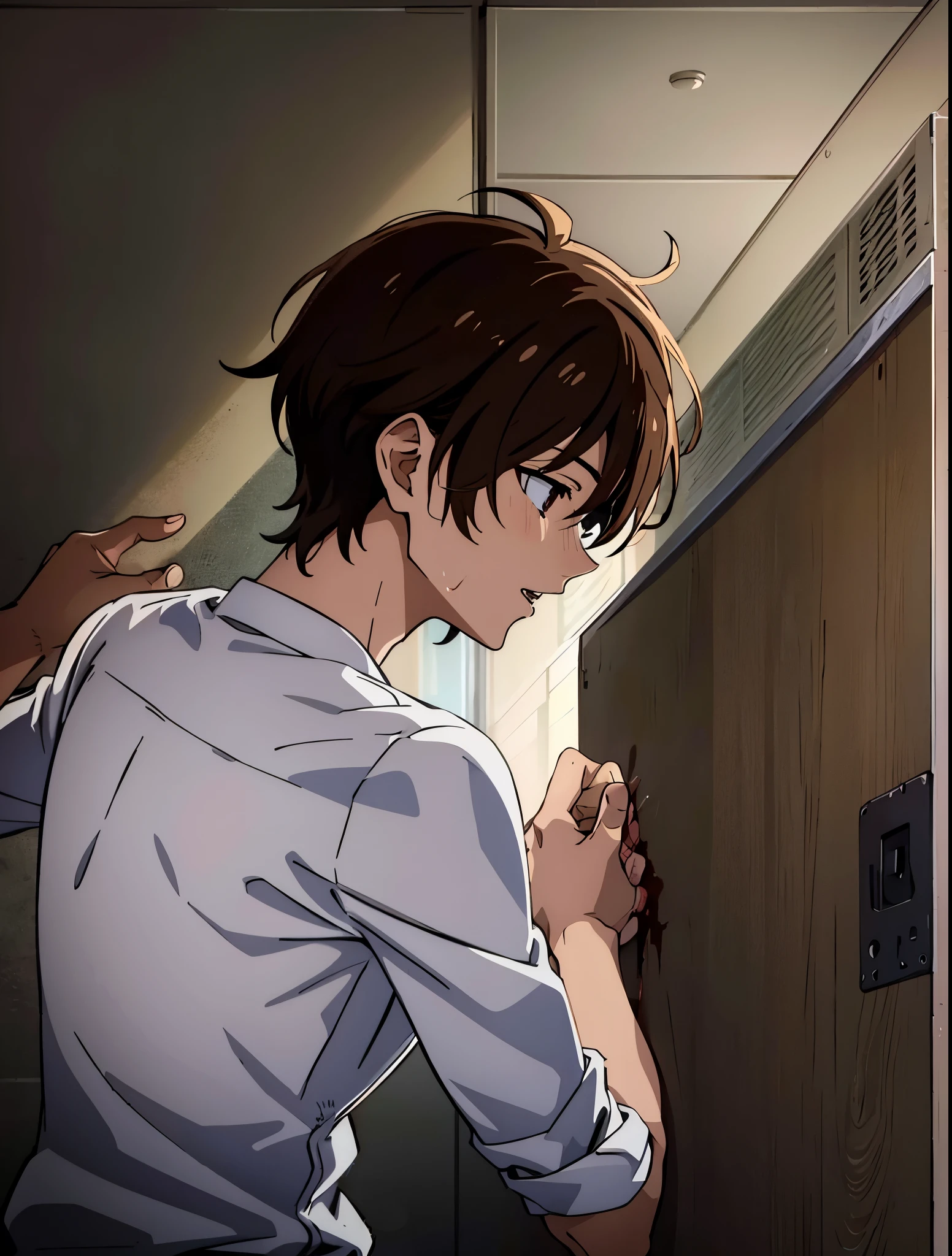 Anime boy brown hair, wearing white shirt, blood, spitting , school boy