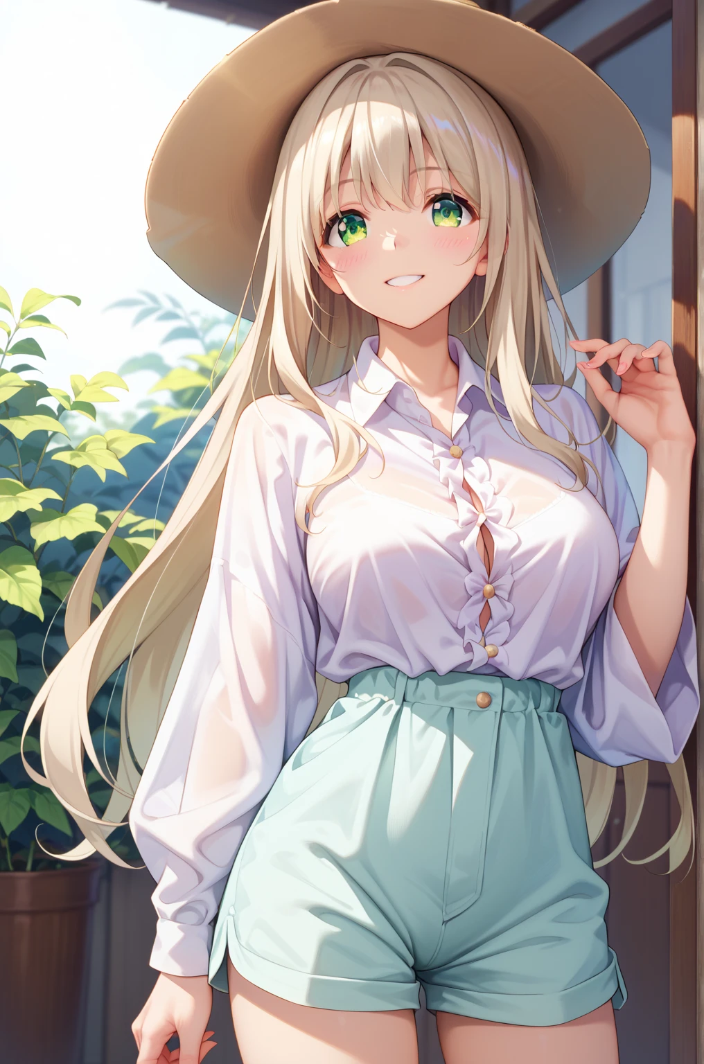 masterpiece, best quality, 8k Ultra HD, extremely delicate detailed, nonomi izayoi, cowboy shot, (no hat:1.3), shoot from front, solo, beautiful face, light green eyes, (finely detailed eyes, beautiful eyes), large and beautiful breasts, (long hair, light Ivory hair), light smile, blush, standing, (baggy clothes:1.2), (tented shirt:1.3), shirt overhang, [Low rise shorts],