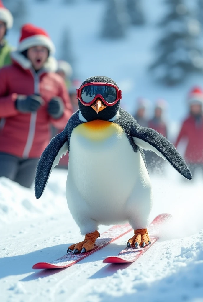 A penguin skiing in a sprint, wearing snow gear and goggles, with surprised spectators in the background, realistic style, high detail, action scene, winter sports environment