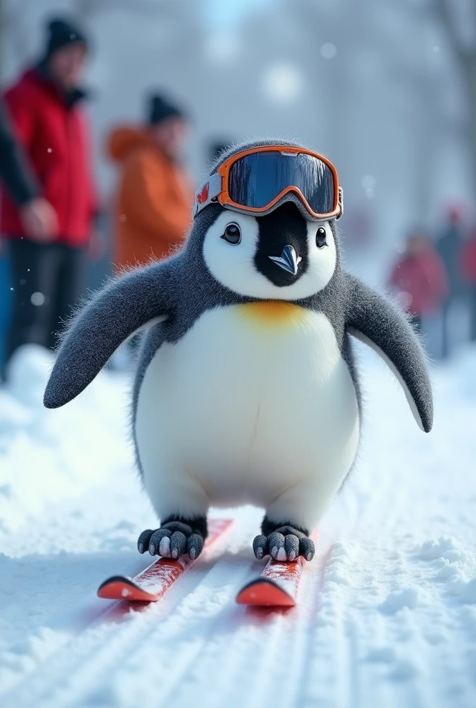 A penguin skiing in a sprint, wearing snow gear and goggles, with surprised spectators in the background, realistic style, high detail, action scene, winter sports environment